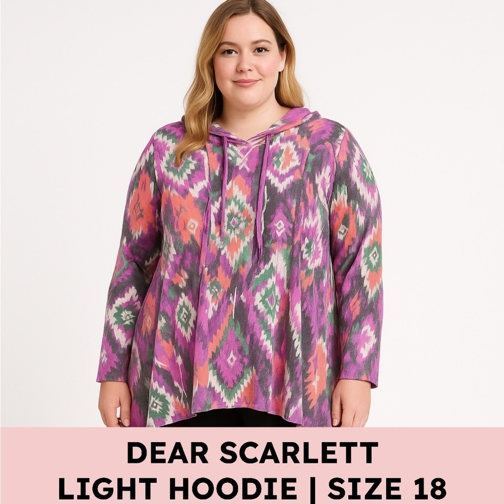 Dear Scarlett Hooded Tunic Aztec Ikat Print Oversized Knit Top Plus XL 18–20
